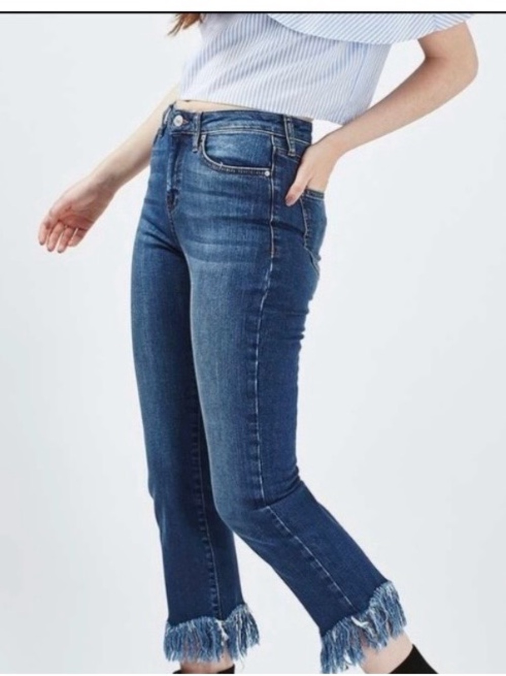 Topshop Moto Dree High-Rise Cropped Jeans with Frayed Hem Size 30